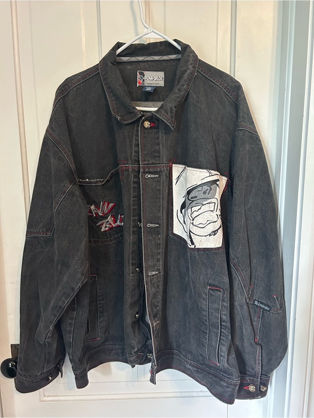 Vintage Raw Blue 1990s Men's Black Graphic Denim Jacket